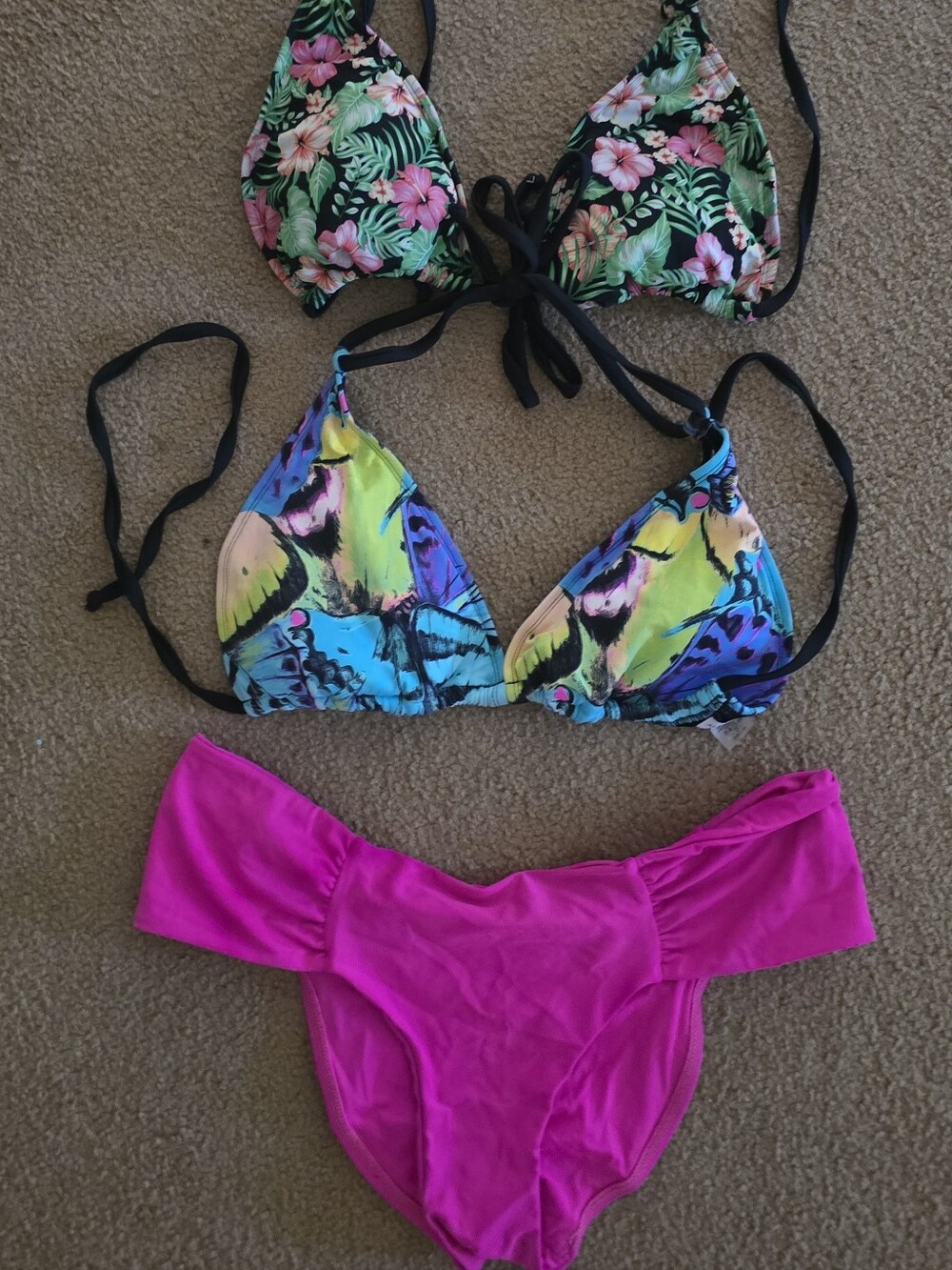 Floral & Neon Triangle Bikini Tops with Hot Pink Bottom